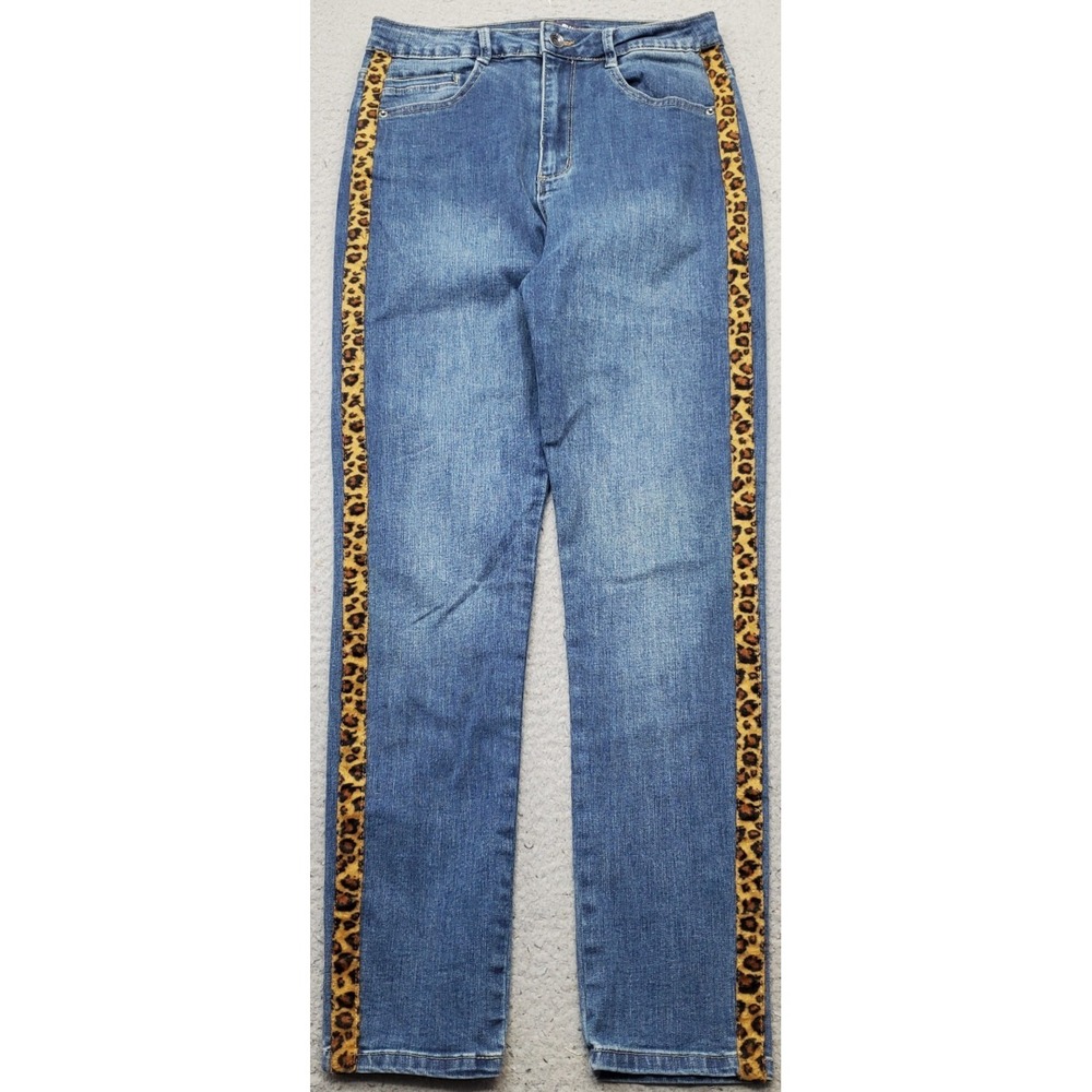 Tractr Blu Skinny Jeans Womens 28 Blue Denim Leopard Print Side Trim Medium Wash